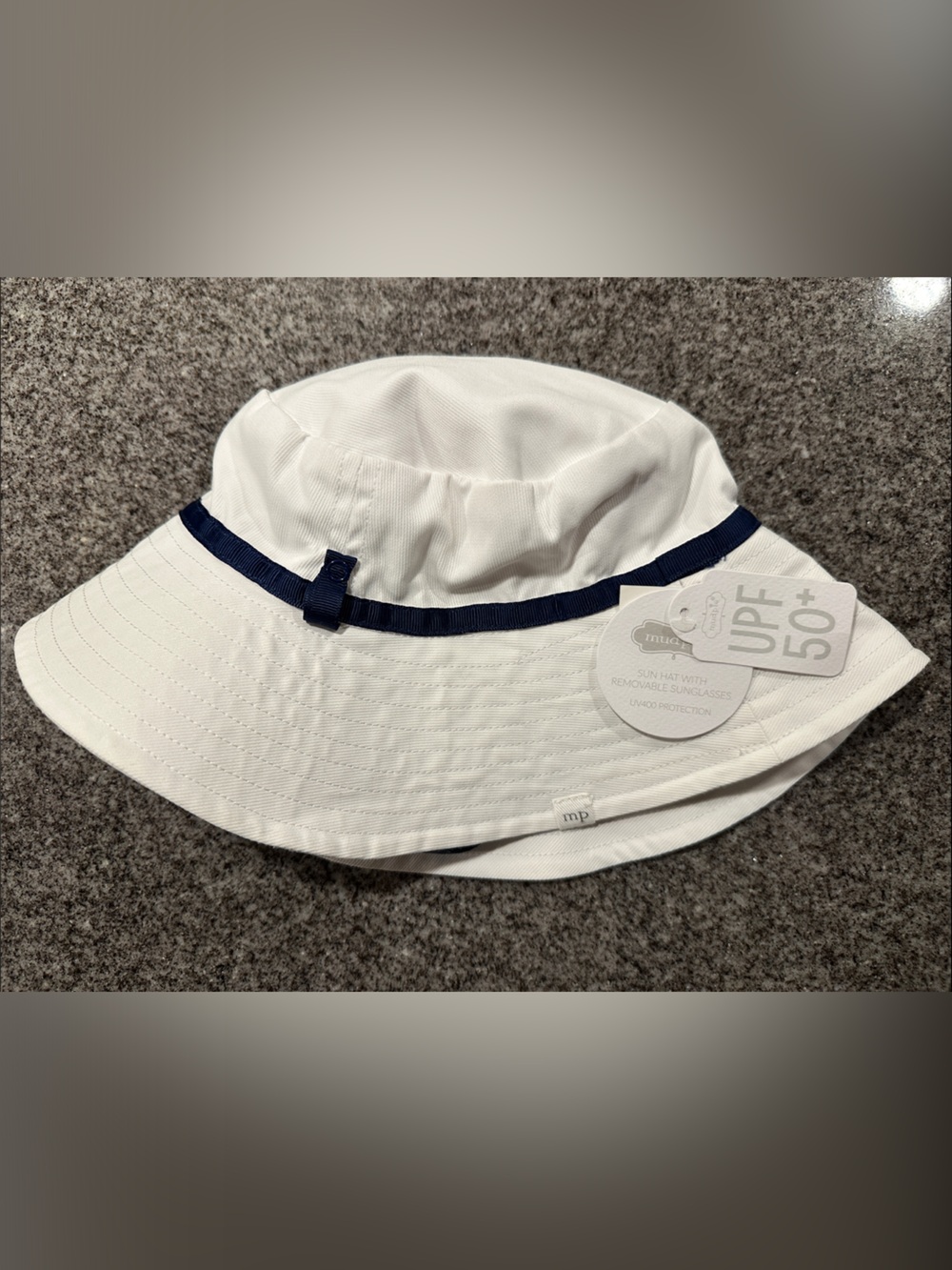 White mudpie UPF 50+ Sun Hat with Navy Trim 6-18m